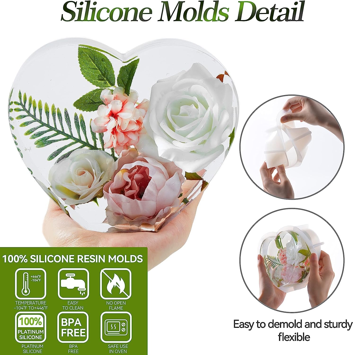 3Pcs Large Silicone Molds for Resin, Glossy Deep Resin Molds Include 13.46" Rectangle Molds,8.86" Hexagon Molds &amp; 6.57" Heart Molds, Epoxy Resin Casting Molds for Flowers Preservation
