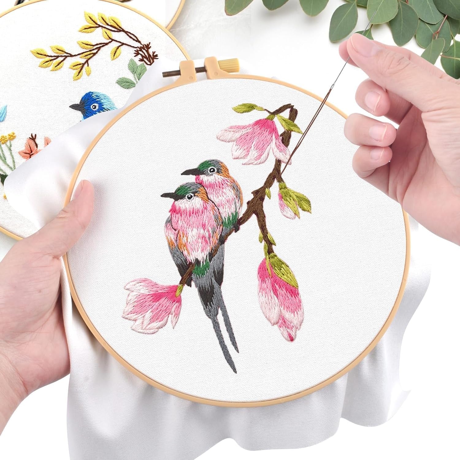 4 Sets Embroidery Kit for Beginners, Art Craft Handy Sewing Set Hummingbird and Flower Cross Stitch Starter Kits, DIY Embroidery Kits with Patterns and Instructions Hoops Needles Threads