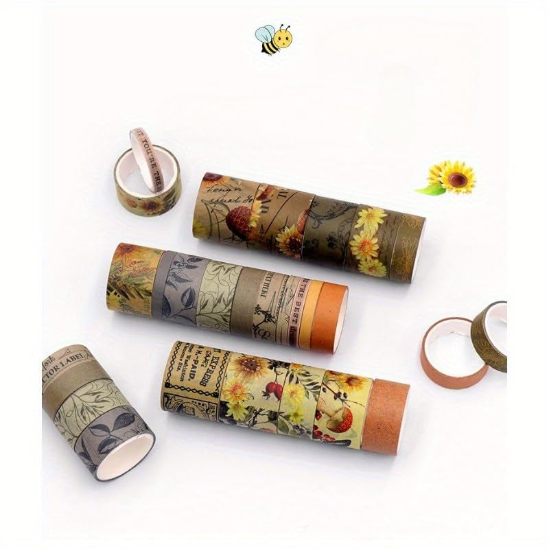 Washi Tape Set, 20 Rolls Sunflower Aesthetic Vintage Decorative Masking Tape,Sun Flowers Fall Tapes for Scrapbooking Supplies,Journaling Supplies,Junk Journal Supplies 5/10/15/20/25Mm