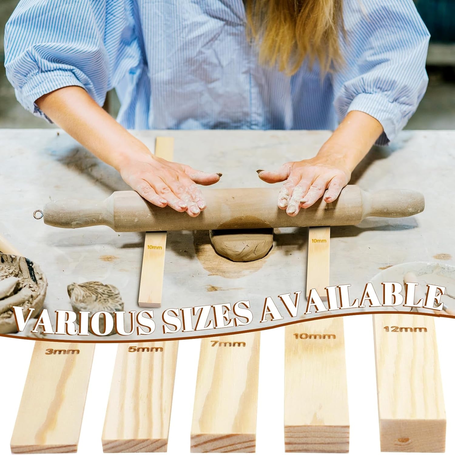 10 Pieces 5 Size Rolling Mud Stick Guide, Clay Rolling Pin Guides, Wooden Slab Roller Guides for Clay, Pottery Tools Clay Tools for Pottery Teaching, Polymer Clay Thickness 3, 5, 7, 10, 12 Mm