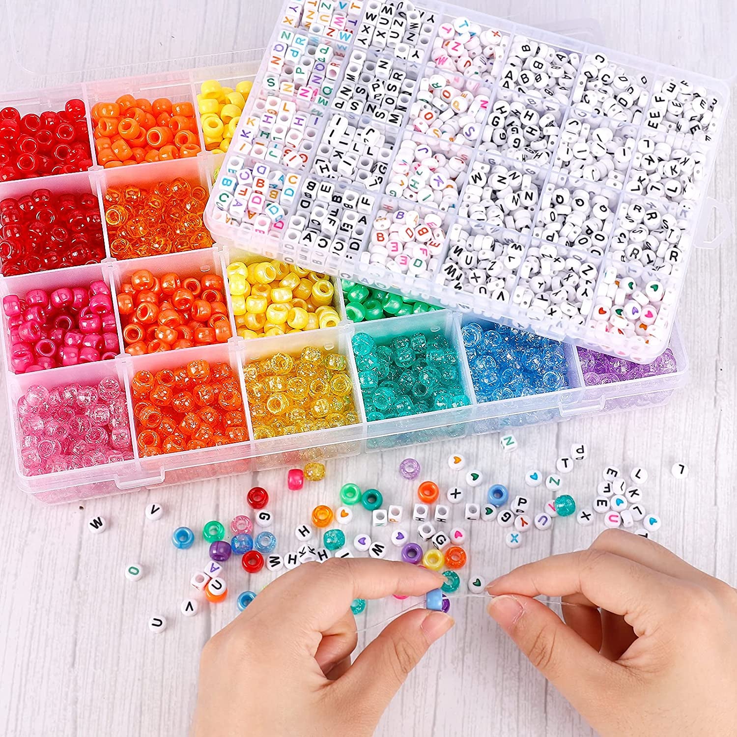 4000Pcs Pony Beads Kit, 2400Pcs Rainbow Kandi Beads and 1600Pcs Letter Beads, 24 Colors Plastic Craft Beads Bulk for Bracelets Jewelry Making with 20M Crystal String and 30M Elastic String