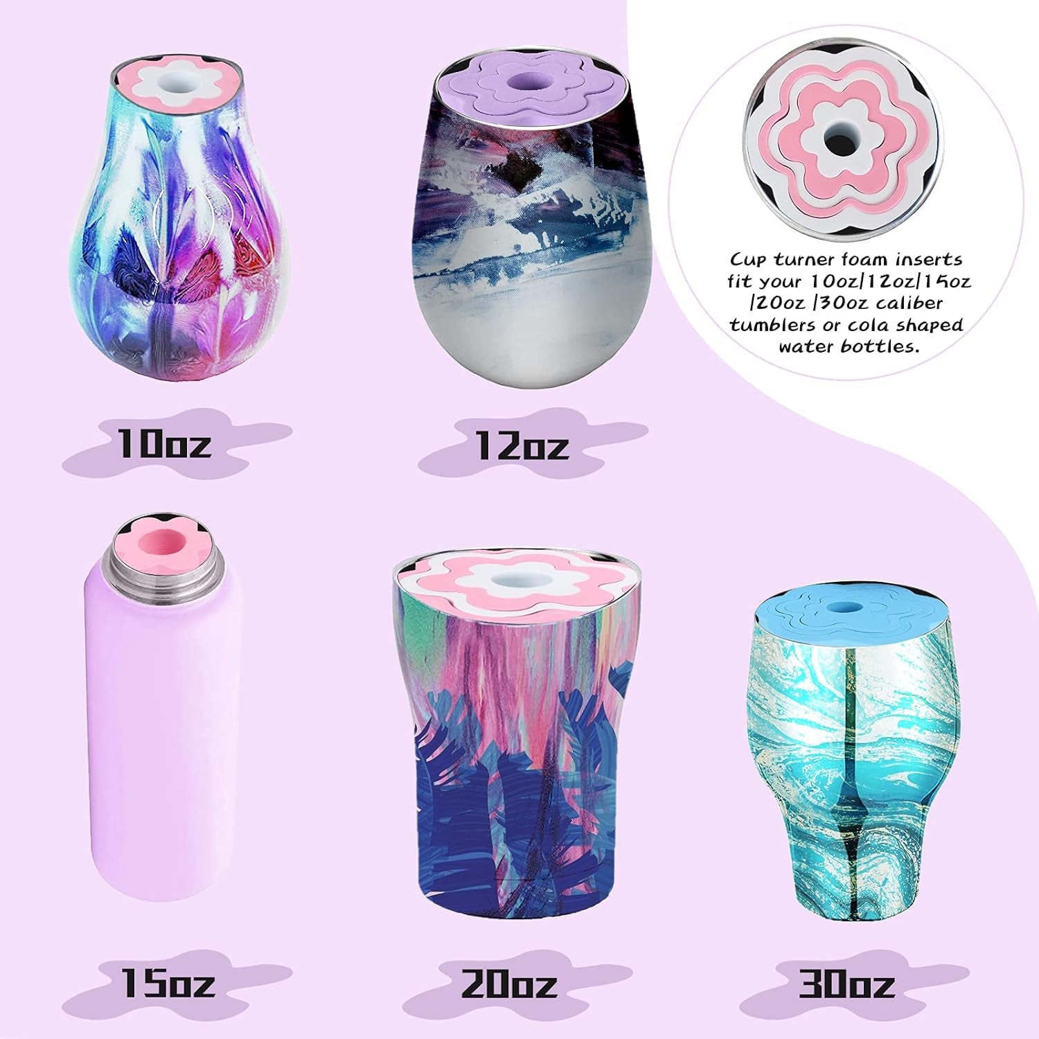30 Pcs Cup Turner Foam Set-5 Sizes Cup Turner Inserts Expandable Spinner Sponge Cup Turner Accessories for Tumblers, Cola Shaped Water Bottles(1.57/2.44/2.83/3.18/3.74 Inch Diameter, 6 Colors) (B)