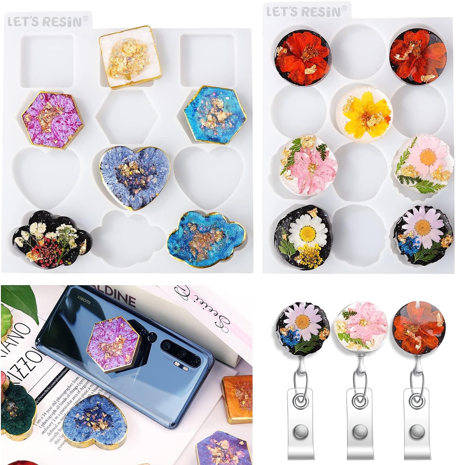 2Pcs Resin Mold, 24 Cavities Badge Reel Molds for Resin, Phone Grip Mold for UV Resin,Epoxy Resin,Casting Molds for DIY Resin Keychain