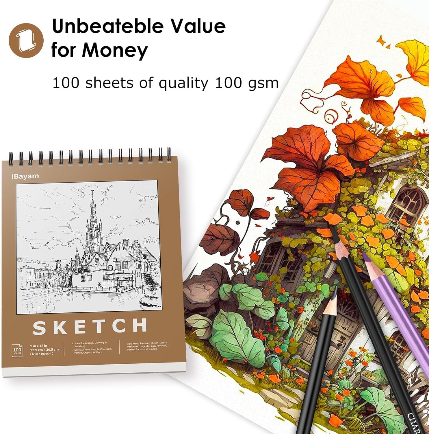 9" X 12" Premium Sketch Book Set, 1-Pack Spiral Bound Drawing Paper, 100 Sheets (68Lb/100Gsm) Sketchbook, Acid-Free Art Drawing Painting Sketching Pad Supplies for Kids, Teens, Adults, Artists