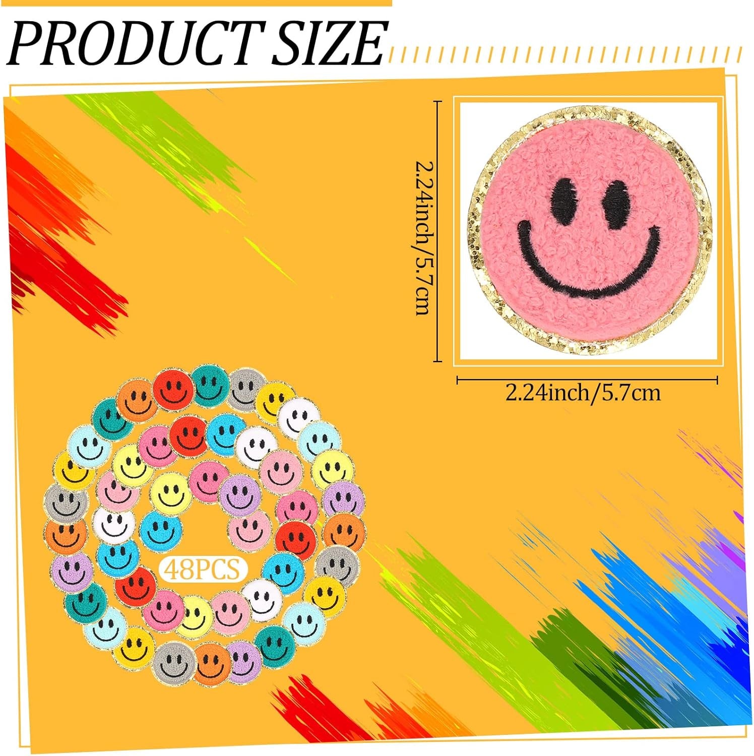 48 Pieces Smile Face Patch Cute Happy Face Patch Iron on Patch for Clothing Dress Jackets Jeans Hats Backpacks DIY Decorations (Bright Style)