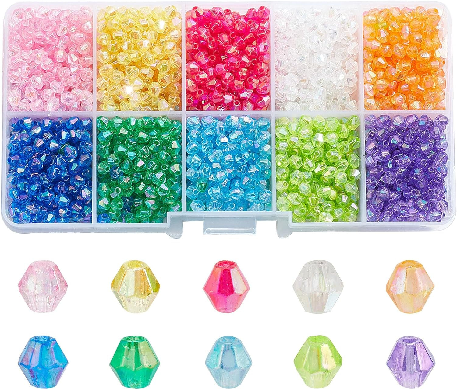 2500Pcs Faceted Acrylic Beads 4Mm Colorful Beads 10 Color Crystal Bicone Beads Loose Beads Assortment Craft Seed Beads for Earring Bracelet Necklace Keychain Flower Jewelry Making