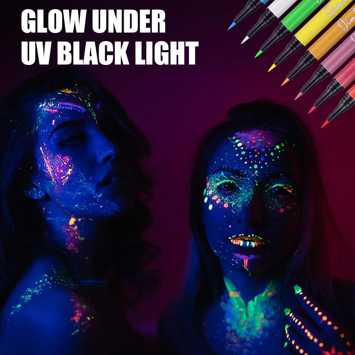 Water-Resistant Face Paint Pen Glow in the Dark under UV Light 8 Neon Rainbow Colors Smudge Proof Waterproof Body Painting Kit for Kids Tattoo Skin Markers Eye Makeup for Halloween
