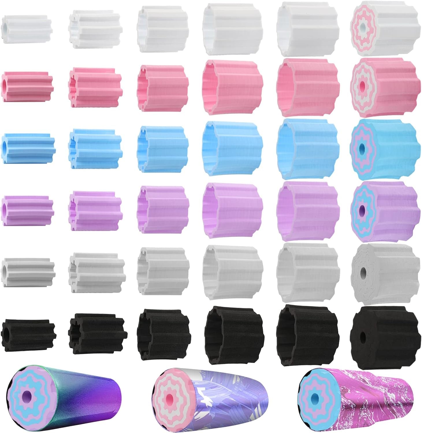 30 Pcs Cup Turner Foam Set-5 Sizes Cup Turner Inserts Expandable Spinner Sponge Cup Turner Accessories for Tumblers, Cola Shaped Water Bottles(1.57/2.44/2.83/3.18/3.74 Inch Diameter, 6 Colors) (B)