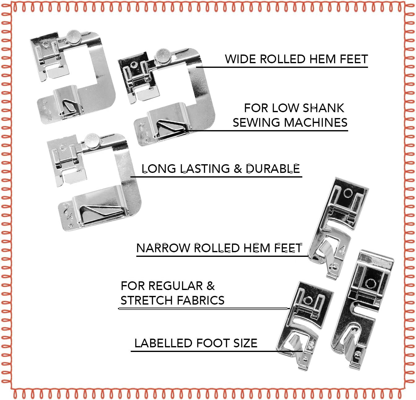 Rolled Hem Presser Foot [6 Sizes] Wide Rolled Hem Foot Set & Narrow Foot Hemmer Set for Brother, Singer & Janome Low Shank Sewing Machines. Hemming Pressure Feet with Distinctive Wide and Narrow Sizes