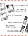 Rolled Hem Presser Foot [6 Sizes] Wide Rolled Hem Foot Set & Narrow Foot Hemmer Set for Brother, Singer & Janome Low Shank Sewing Machines. Hemming Pressure Feet with Distinctive Wide and Narrow Sizes