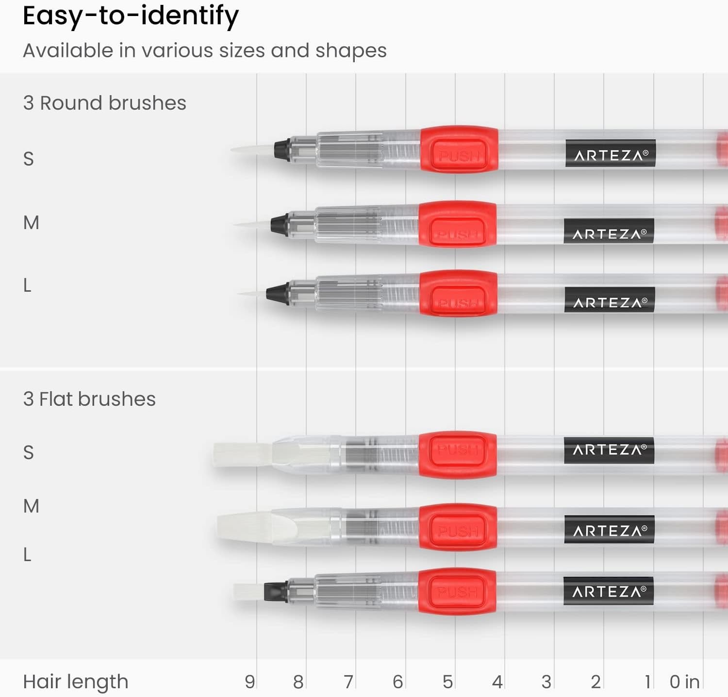 Water Brush Pen, Set of 6, Assorted Soft Nylon Bristle Tips, Self-Moistening Water Brush, Refillable Water Pen