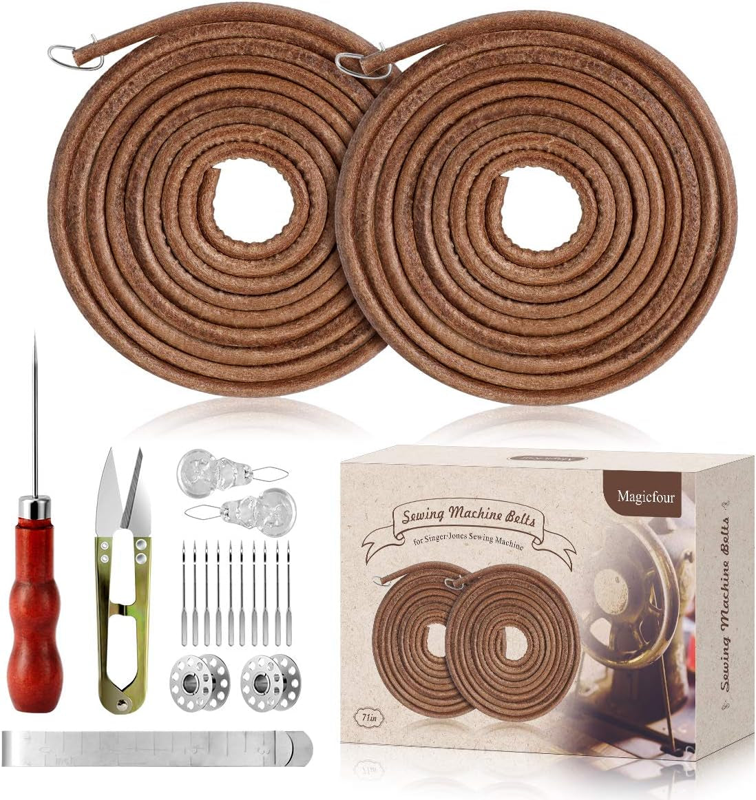 Sewing Machine Belt, 71" 3/16" Sewing Machine Leather Belts Sewing Machine Treadle Belts with Hook for Singer/Jones Sewing Machine (2 Pcs with Accessories)