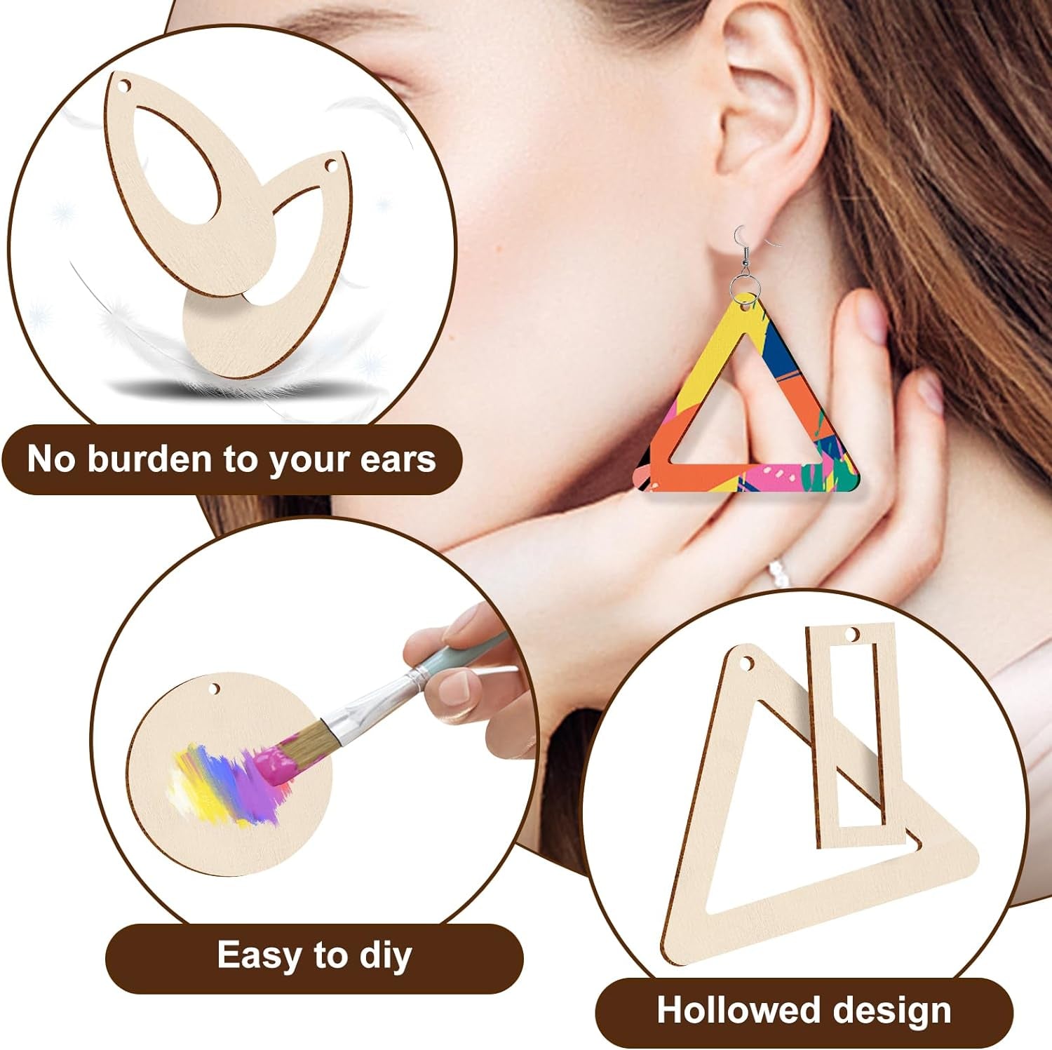 280 Pieces Unfinished Wooden Earrings Blanks Wooden Teardrop/Circle/Triangle/Rectangle Shapes Earrings Pendants Wood Earring Pendant Pieces with 100 Pieces Hooks & 100 Pieces Rings