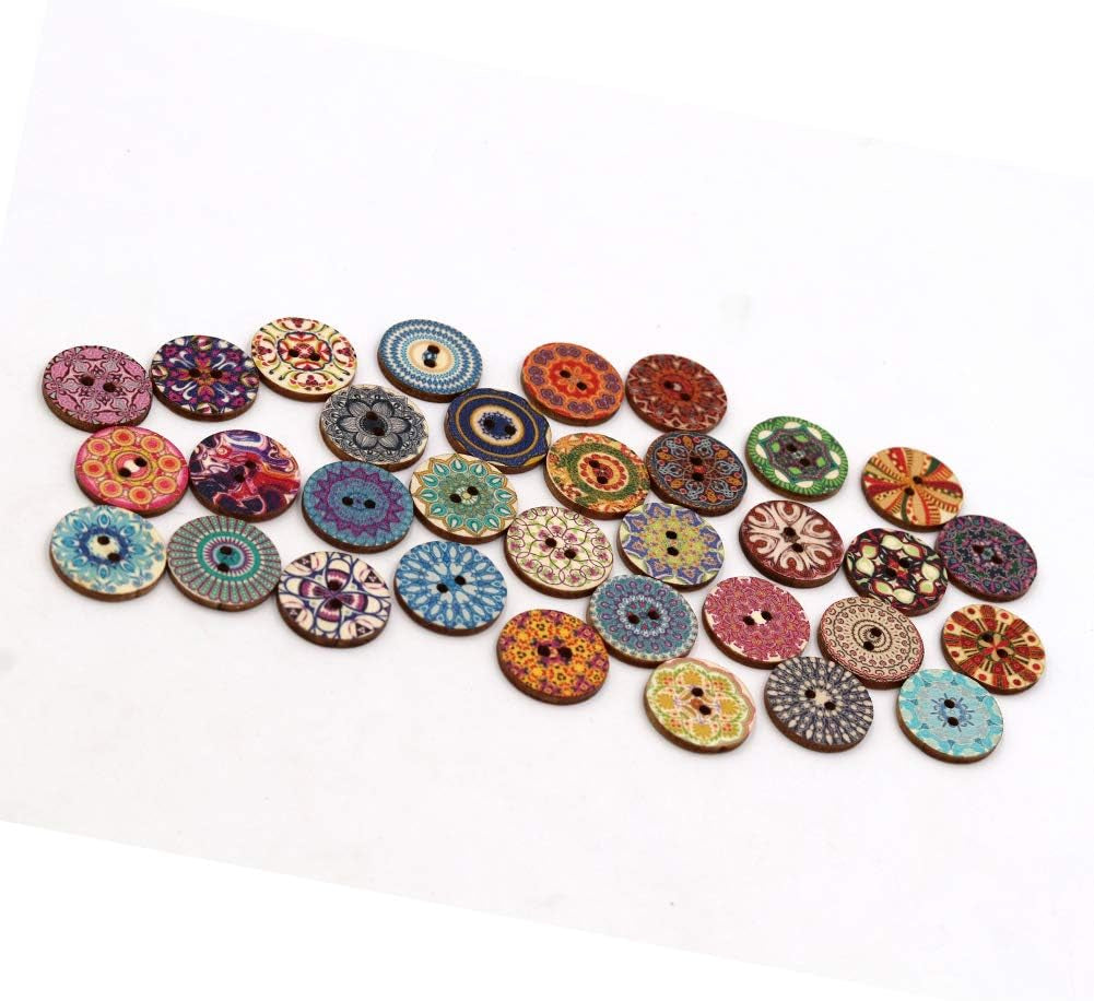 100Pcs Mixed Random Flower Painting round 2 Holes Wood Wooden Buttons for Sewing Crafting 20Mm