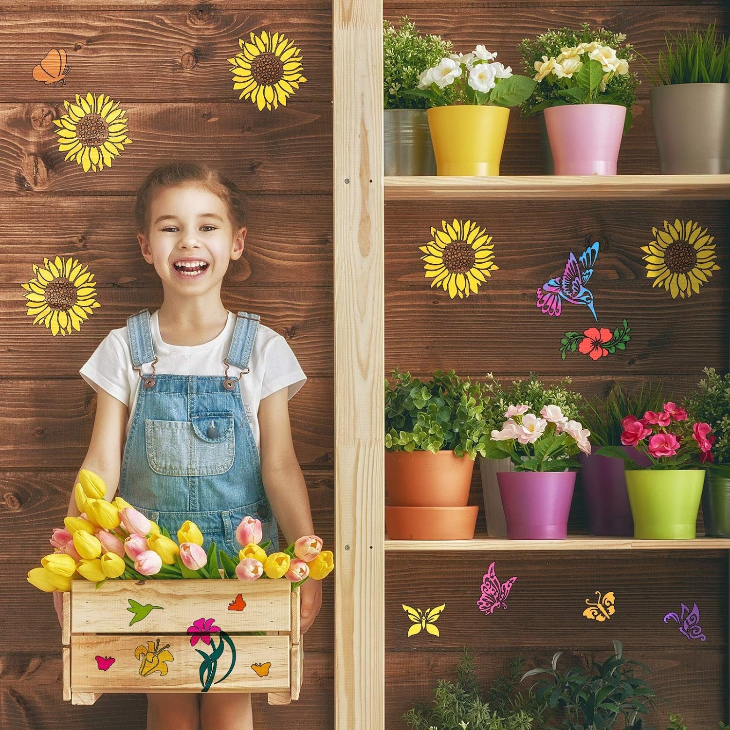 16 Pieces Flower Stencil for Painting Bee Sunflower Butterfly Spring Stencil Large Template Reusable Summer Painting Stencil and Metal Open Ring for DIY Craft on Wood Wall Home Decor(5.1 X 5.1 Inch)