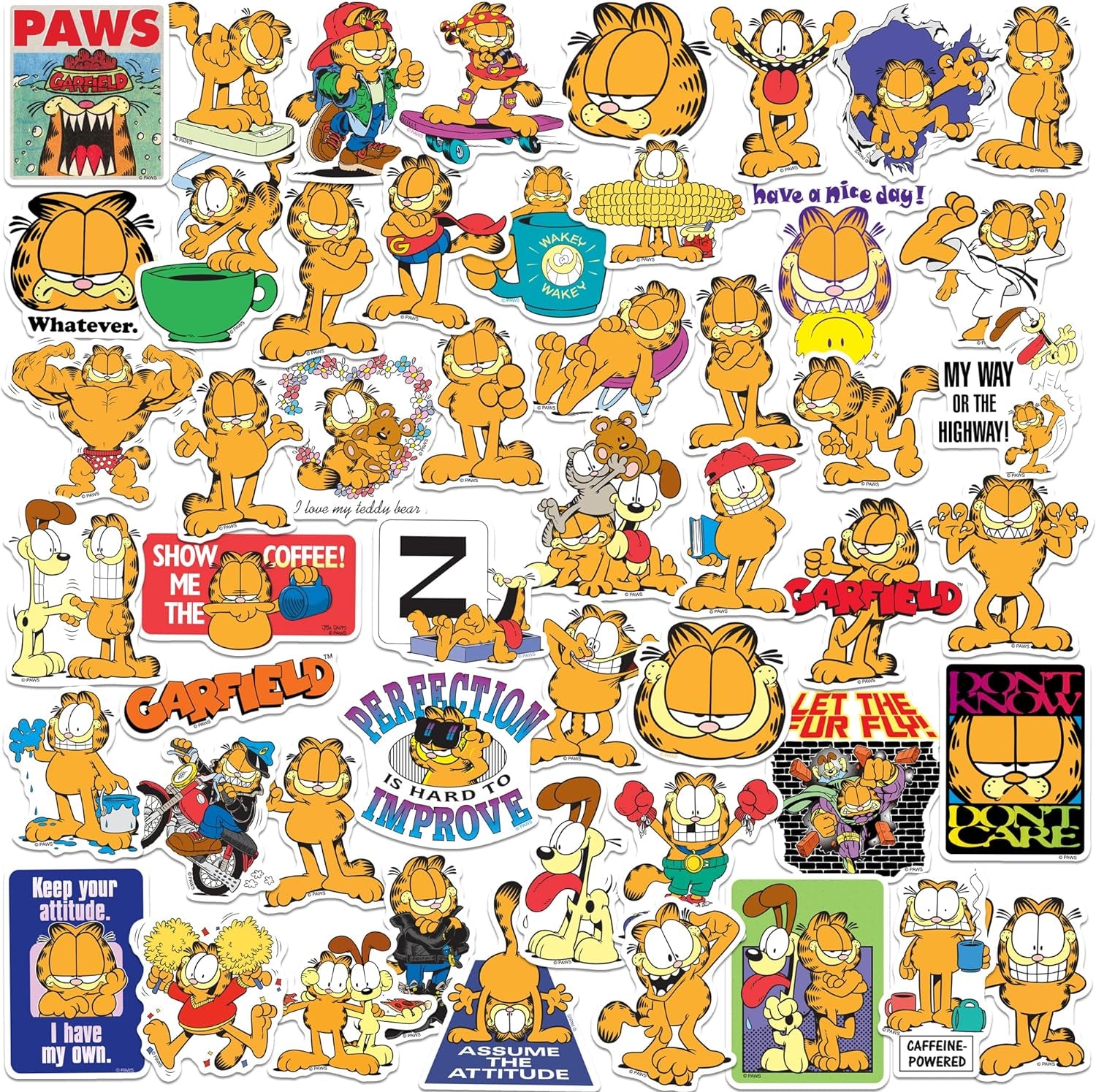 Garfield 50Ct Vinyl Large Deluxe Stickers Variety Pack - Laptop, Water Bottle, Scrapbooking, Tablet, Skateboard, Indoor/Outdoor - Set of 50