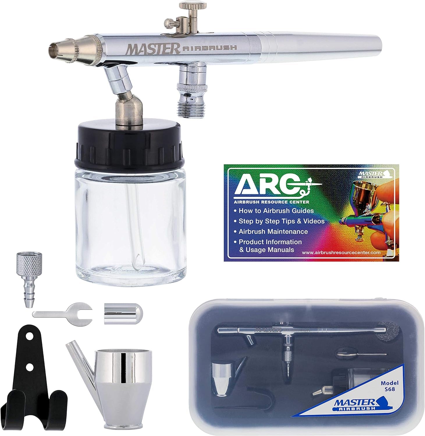 Master Performance S68 Multi-Purpose Precision Dual-Action Siphon Feed Airbrush, 0.35 Mm Tip, 3/4 Oz Fluid Bottle, Color Cup - User Friendly Set Kit - How-To-Airbrush Guide - Auto, Art, Hobby, Cake