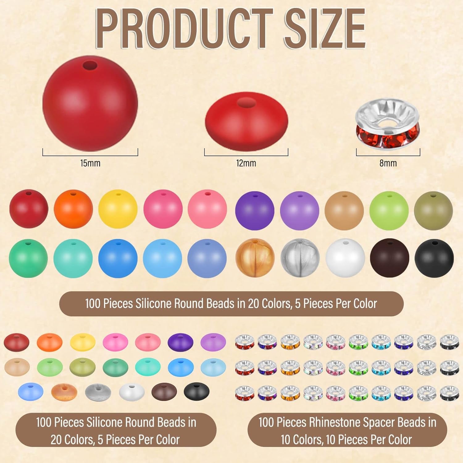 300 Pieces Focal Beads for Pens, 12Mm Silicone Lentil Beads, 15Mm Silicone round Beads and 8Mm Rhinestone Spacer Beads for Beadable Pen, Keychain Making and Jewelry Making