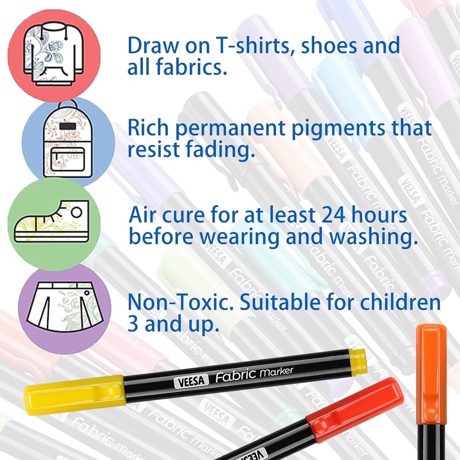 24 Colors Fabric Markers, Permanent Fabric Paint Marker for Clothes, Fine Point Textile Marker Pen for T-Shirt Shoes, Non-Toxic & Kid Safe