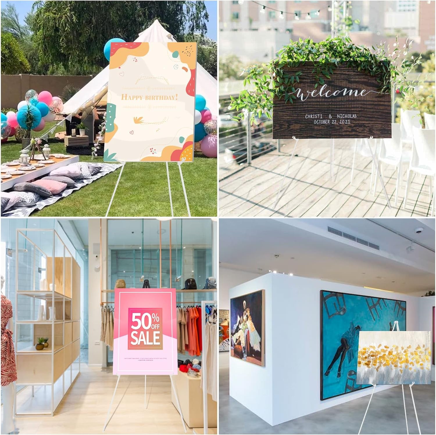 Easel Stand for Wedding Sign Poster 63'' Instant Display Easel for Floor Adjustable Metal Art Easel White