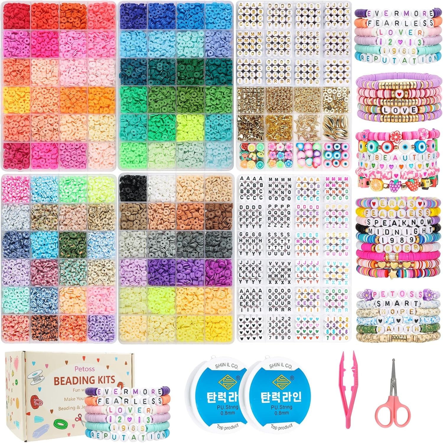 6 Boxes Friendship Bracelet Kit,96 Colors 16680 Pcs Clay Beads,1188 Pcs Letter Beads,120 Pcs Number Beads and 470 Pcs Gold Charms Kit for Bracelets Making, Jewelry Craft Kits Gift, Small