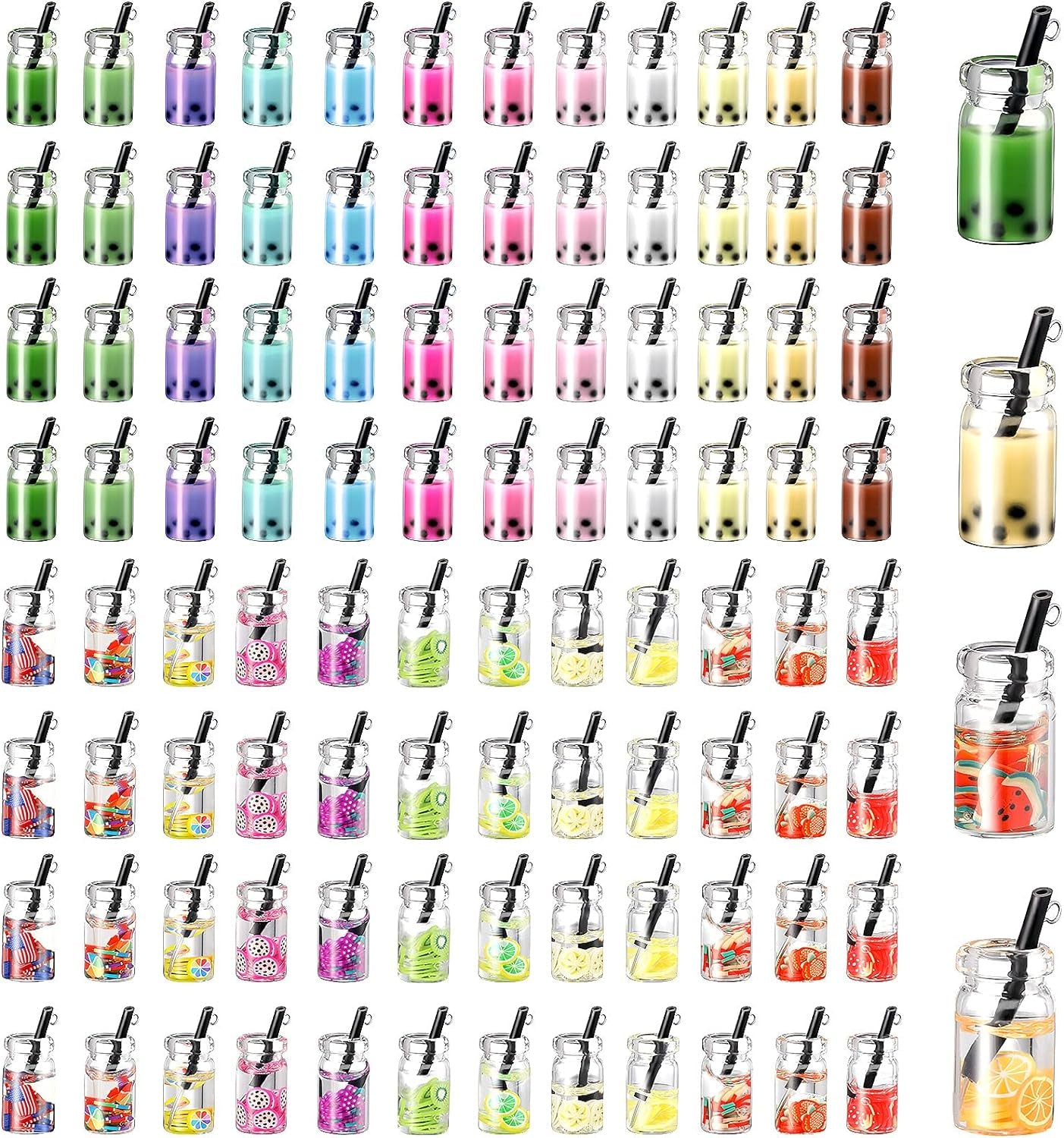 104 Pcs Milk Tea Charm Boba Charms Mini Colorful Bottle Charms Fruit Juice Pendant for DIY Jewelry Craft Earring Keychain