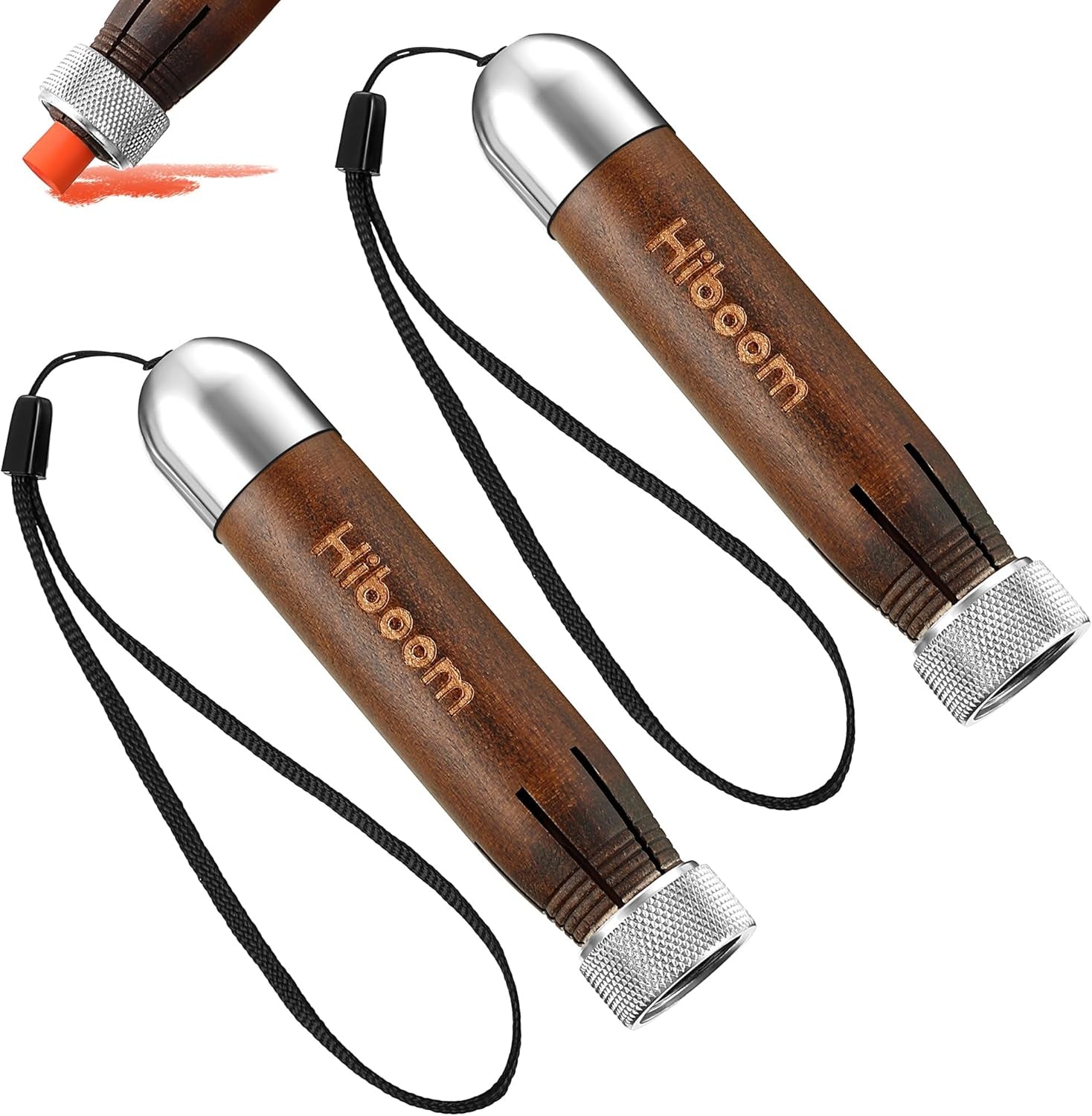 2 Pack Crayon Holder for 1/2'' round or Hexagonal Marking Crayons, Wood Lumber Crayon Holder with Metal Chuck, Metal Caps and Nylon Lanyard, Walnut Handle