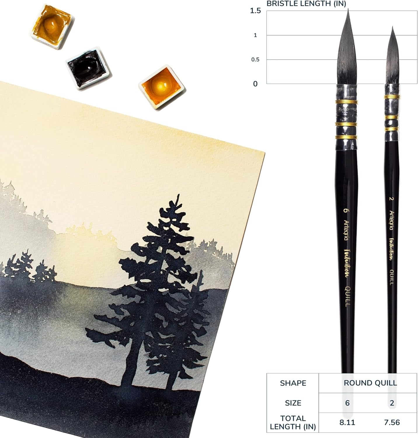 Watercolor Brush Set - Sizes 2, 6 - round Quill Fine Tip Mop Brushes, Soft Synthetic Squirrel Hair, Short Handles for Professional Artists - Water Color Paint, Gouache, Ink