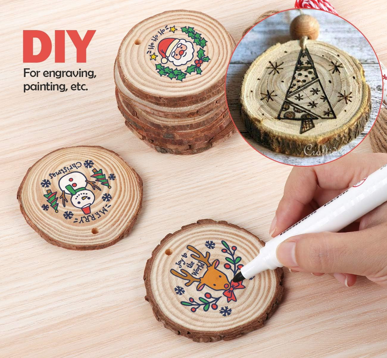 50Pcs Wood Slices 2.4"-2.8" Unfinished Natural Wood Rounds with Pre-Drilled Hole and 66Feet Twine String, Wood Slices for Wood Burning Painting DIY Crafts Christmas Ornaments Party Wedding Decor