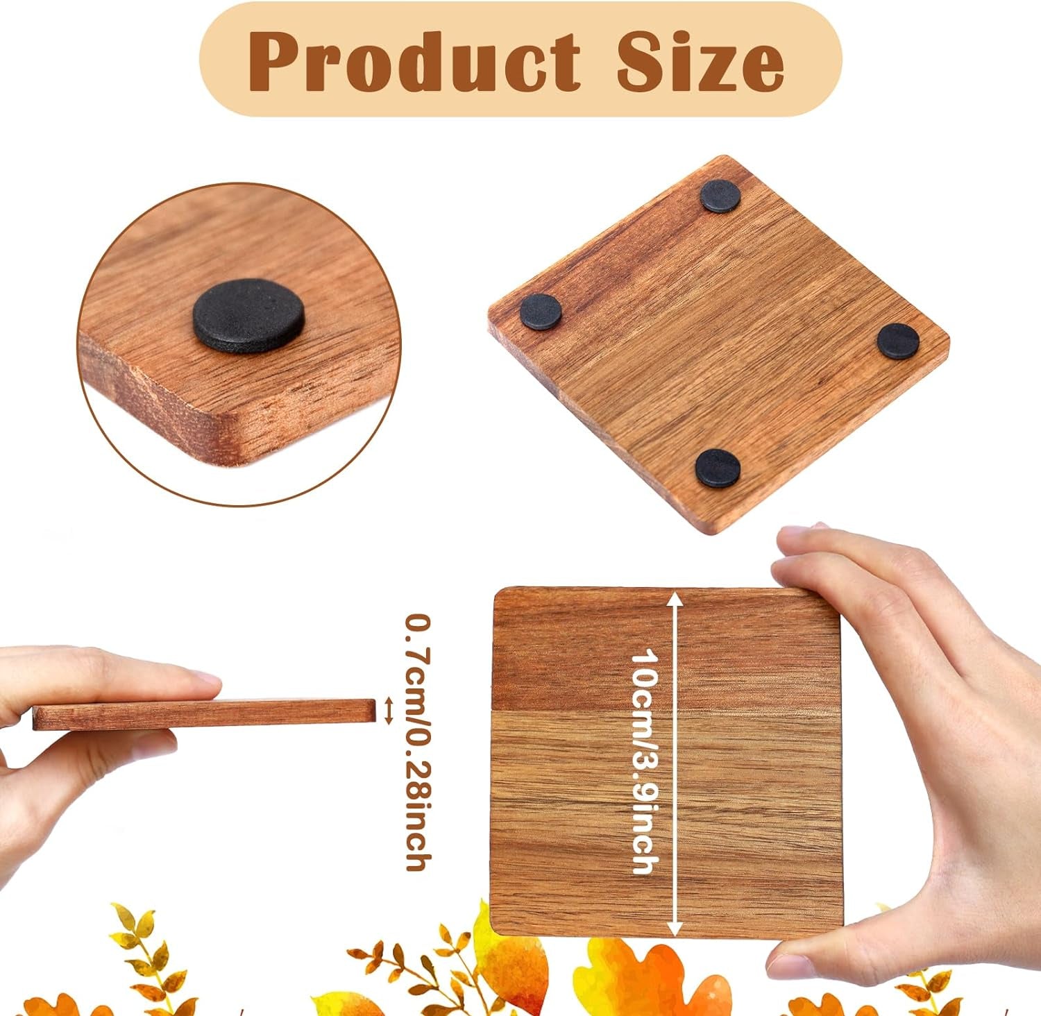 16 Pieces Unfinished Wood Coasters, 4 Inch Square Acacia Wooden Coasters for Crafts with Non-Slip Silicon Dots for DIY Stained Painting Wood Engraving Home Decoration