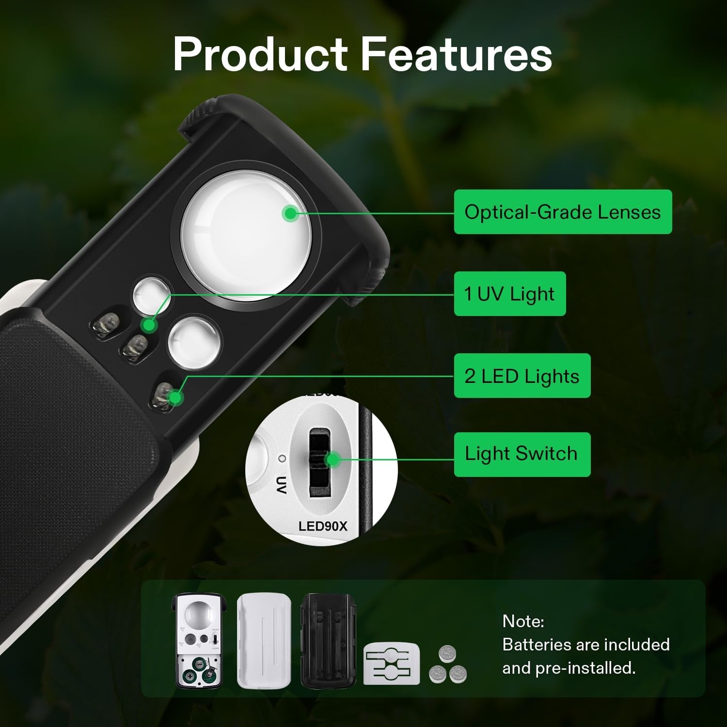 2-Pack Jewelry Loupe, Slide-Out Magnifier, 30X/60X/90X LED Lighted Eye Loupe with UV Light for Jewelry, Diamonds, Gems, Coins, Stamps, and Rocks, Black