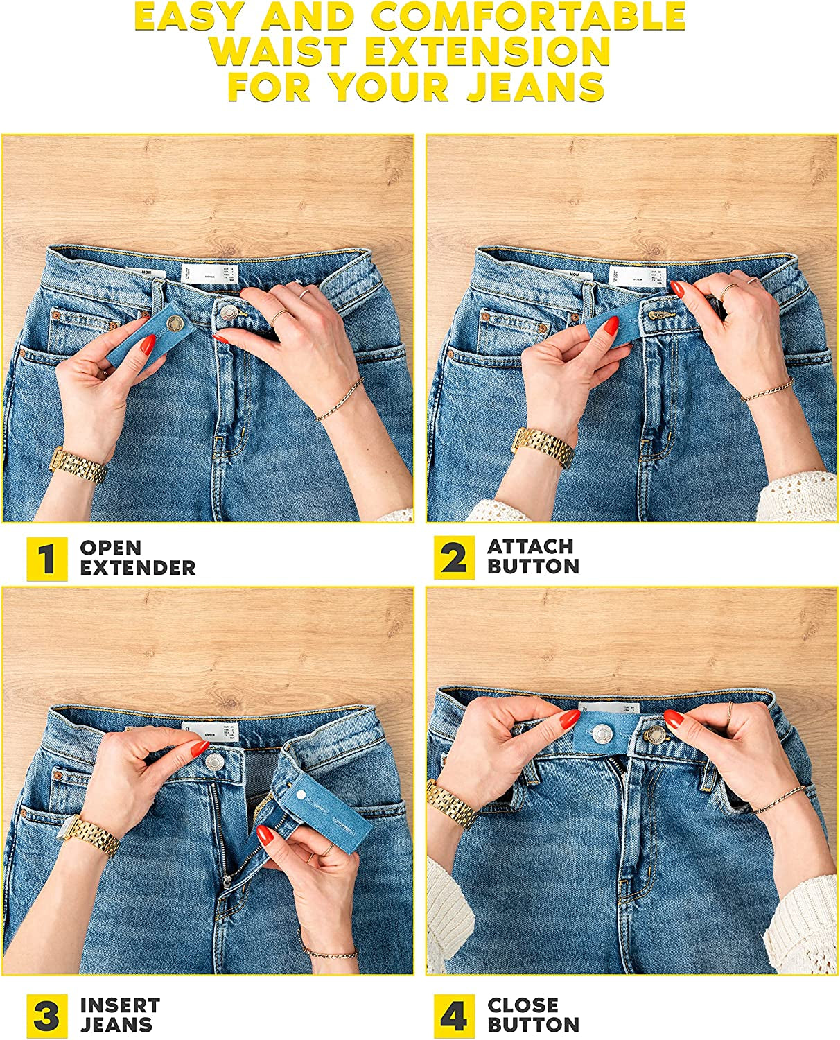 Denim Waist Extender Button for Jeans and Skirt Comfy Metal Buttons 4 Pcs Assorted Colors