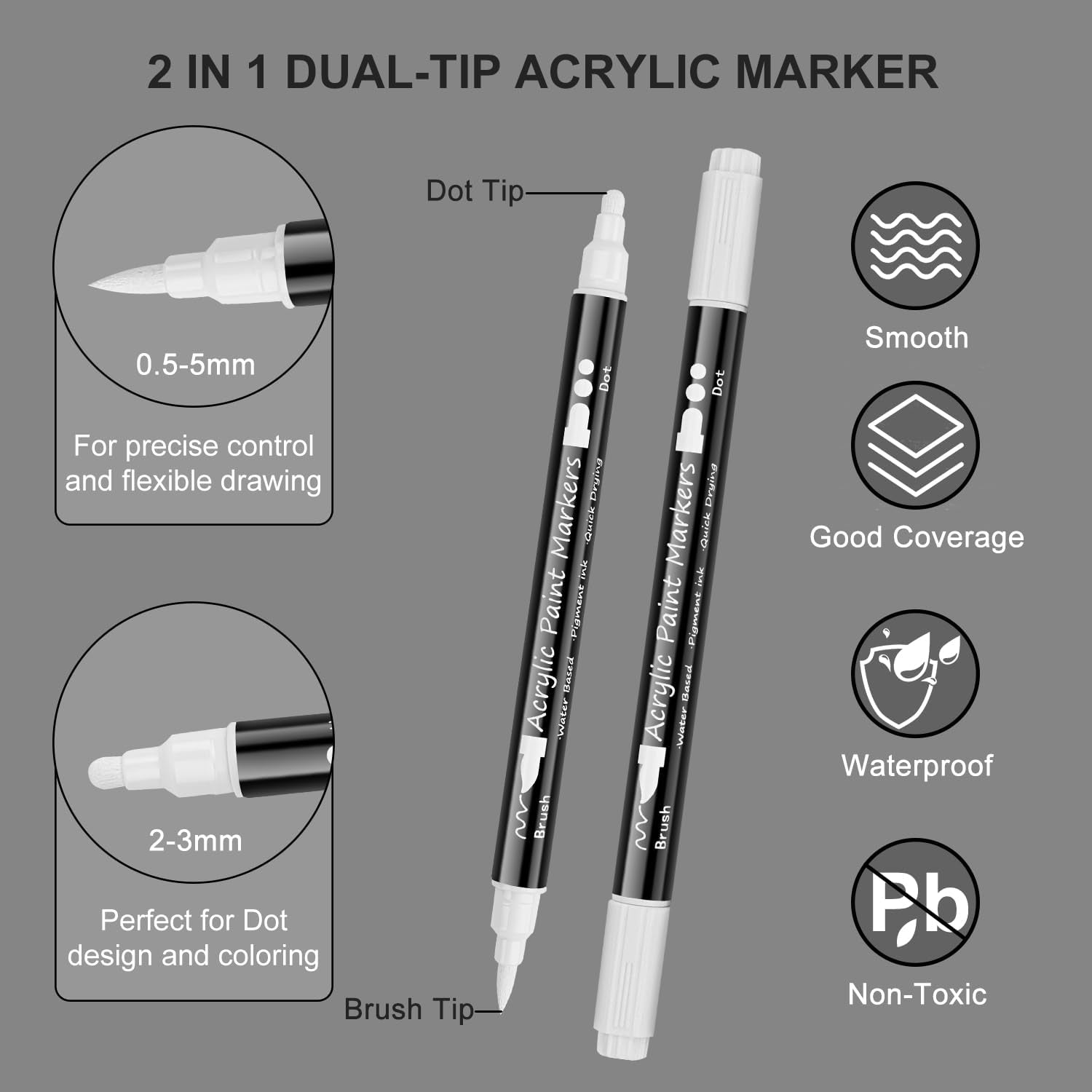 Dual Tip White Paint Pens White Acrylic Markers for Rock Painting,Ceramic,Glass,Wood,White Acrylic Paint Markers 8Pcs (White-8 Pack)