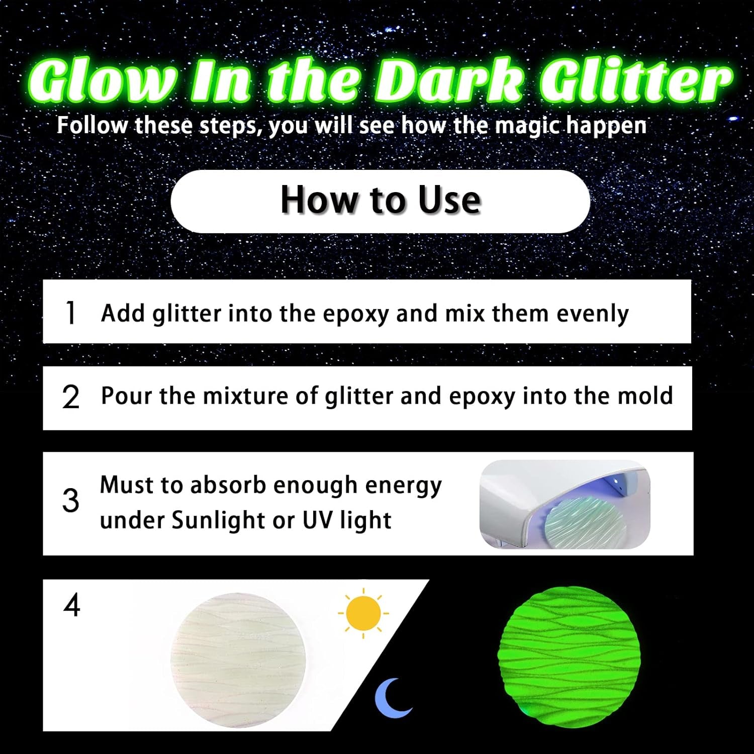 Glow in the Dark Glitter, 1.94Oz 55G Luminous Ultra Fine Glitters Powder Glowing Glitter Epoxy Resin PET Flake 1/128" 0.008" 0.2Mm Sequins for Craft Supplies Tumbler Slime Hair - White to Green