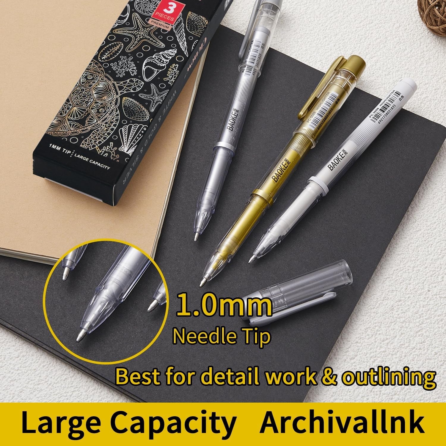 3 Colors Gel Pen Set - White, Gold and Silver .1Mm Extra Fine Point Pens Gel Ink Pens Opaque Archival Ink Pens for Black Paper Drawing, Sketching, Illustration, Card Making, Bullet Journaling