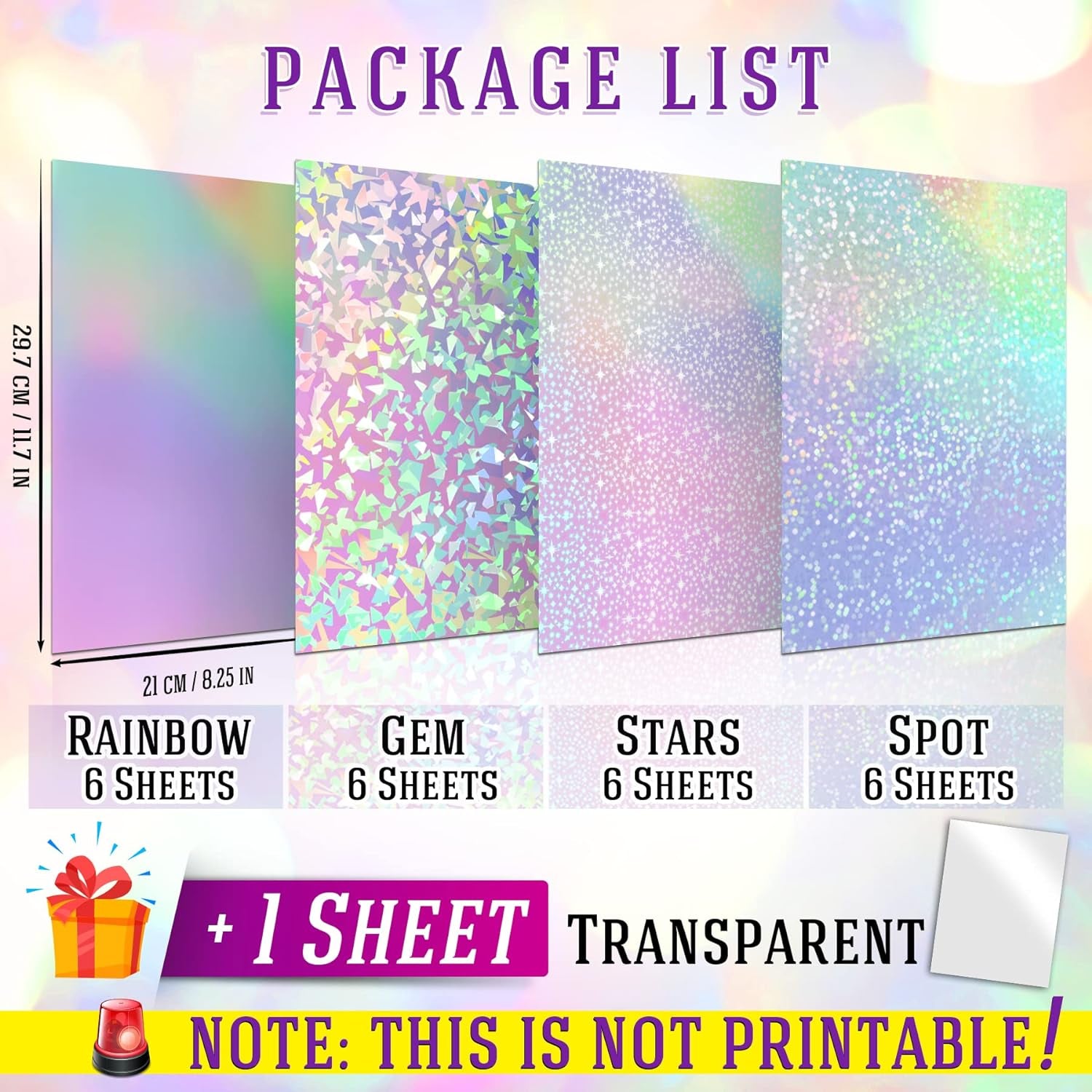 Koala Holographic Laminate Sheets A4 Clear Holographic Sticker Paper 25 Sheets Self Adhesive Transparent Waterproof Holographic Overlay for Sticker Paper - Gem, Dot, Rainbow, Star Patterns