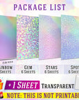 Koala Holographic Laminate Sheets A4 Clear Holographic Sticker Paper 25 Sheets Self Adhesive Transparent Waterproof Holographic Overlay for Sticker Paper - Gem, Dot, Rainbow, Star Patterns
