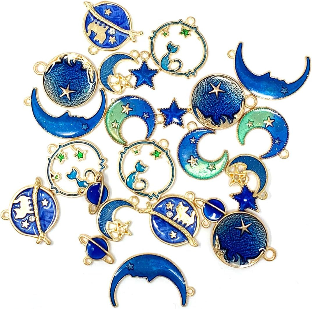 Assorted Gold Plated Enamel Cat Moon Star Celestial Charm Pendant DIY for Earrings Necklace Bracelet Jewelry Making and Crafting