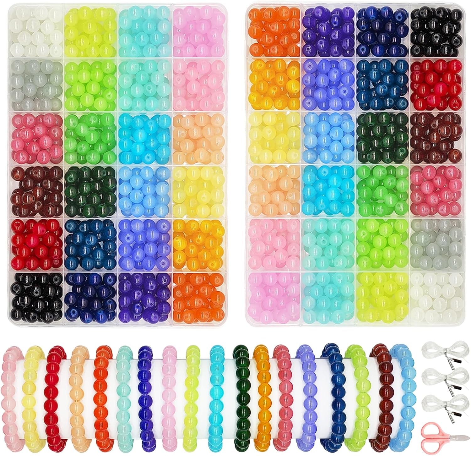 1200Pcs 8Mm Glass Beads for Bracelets Making, 24Colors Crystal Glass Beads Jewelry Making Kit, round Beads for DIY Bracelet Crafts