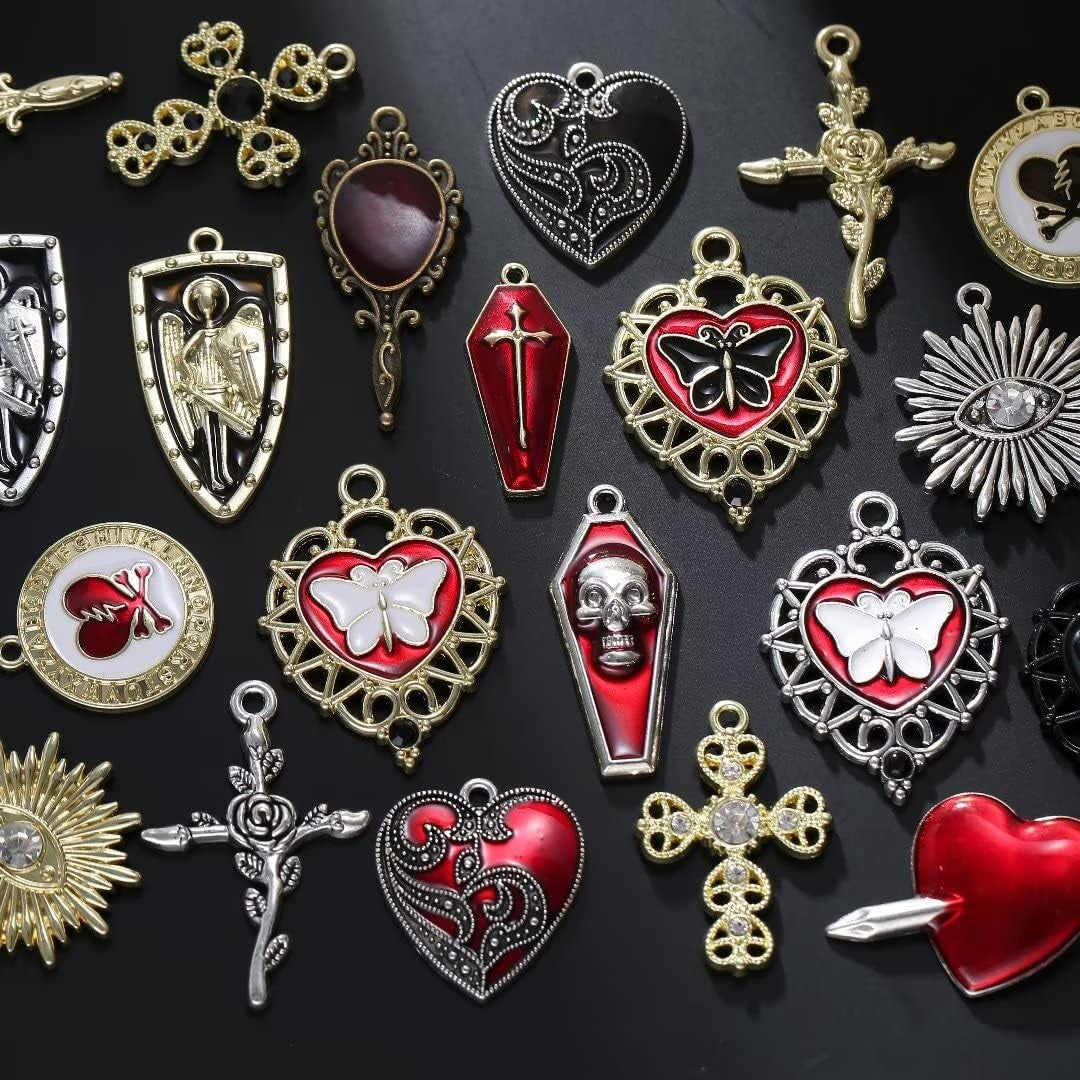 Baroque 64Pcs Assorted Gold Black Red Rose Skull Enamel Charms Coffin Cross Halloween Charm Pendant DIY for Earrings Necklace Bracelet Jewelry Making and Crafting