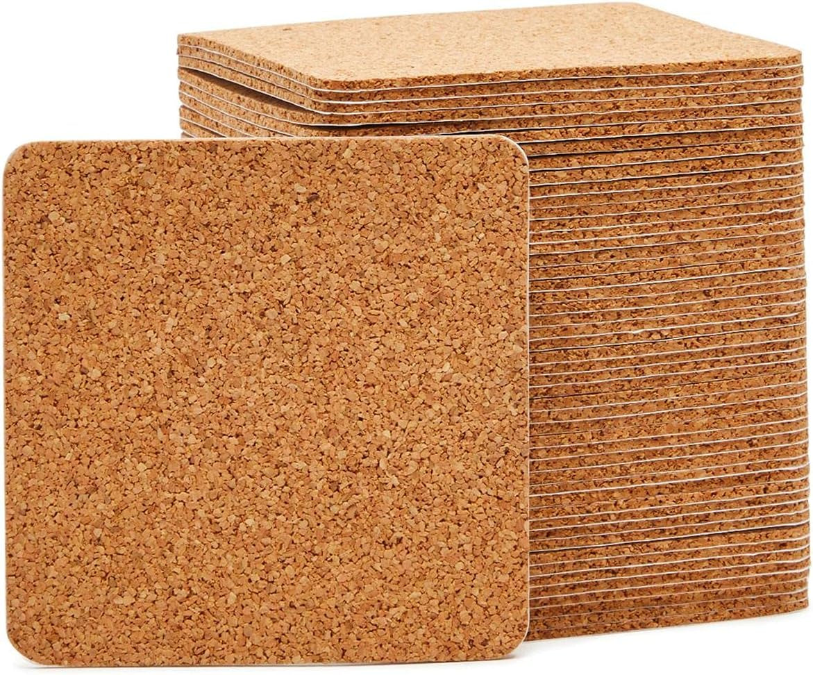 50 Pack Square Self Adhesive Cork Board Backings for DIY Crafts, Projects, Customizable Cork Tiles, Cork Squares for Coasters, Decor (1.5 Mm Thick, 3.7 in Length)