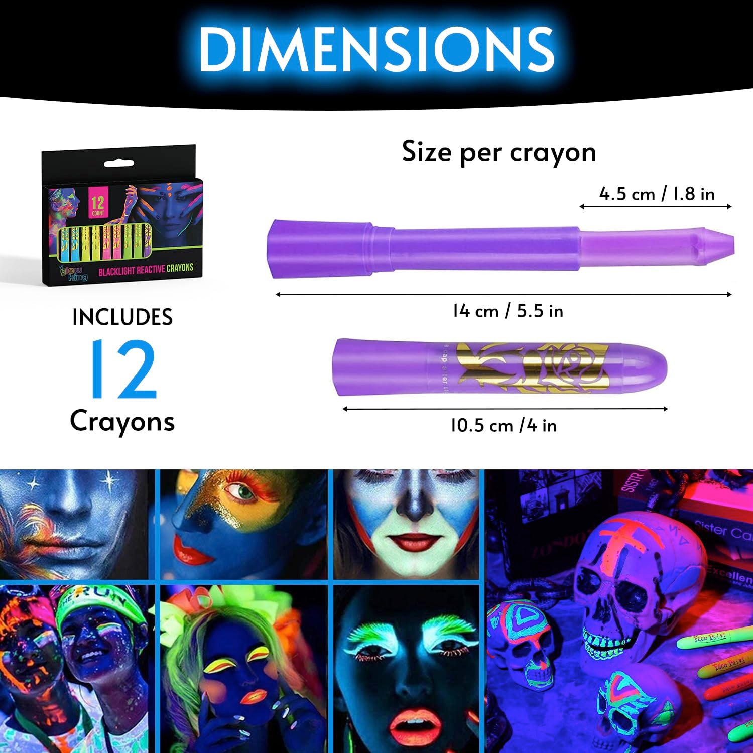 Blacklight Reactive Crayons | Glow in the Dark Paint for Face and Body | Intense Luminous Sticks for Fluorescent Parties | Colorful UV Makeup Neon Gift | Glow Markers Accessories - 12 Pcs