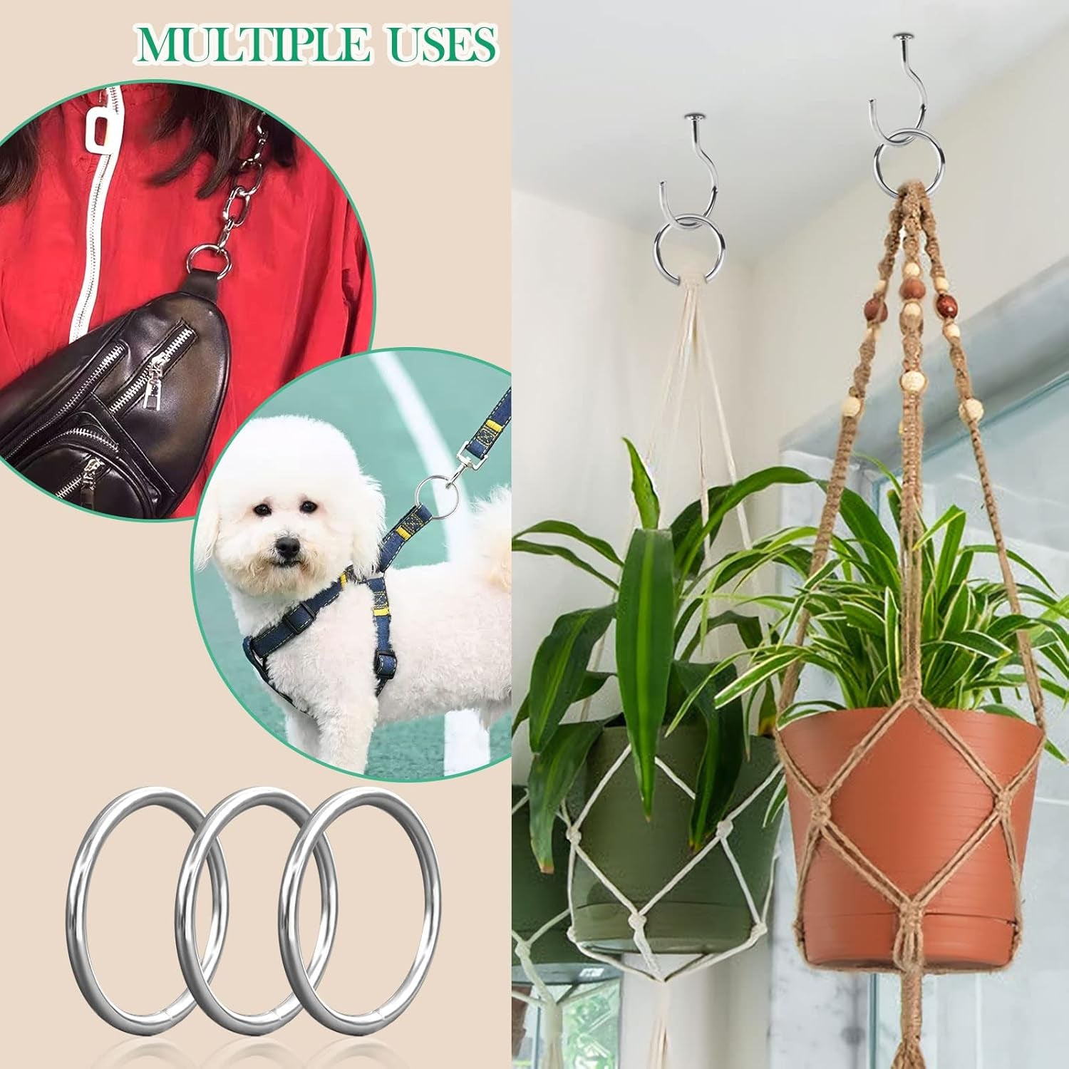 90Pcs 6 Sizes Silver Metal O Rings Multi-Purpose Heavy Duty round Ring for Hardware Bags Belts Dog Leashes Hanging Basket DIY Craft Supplies