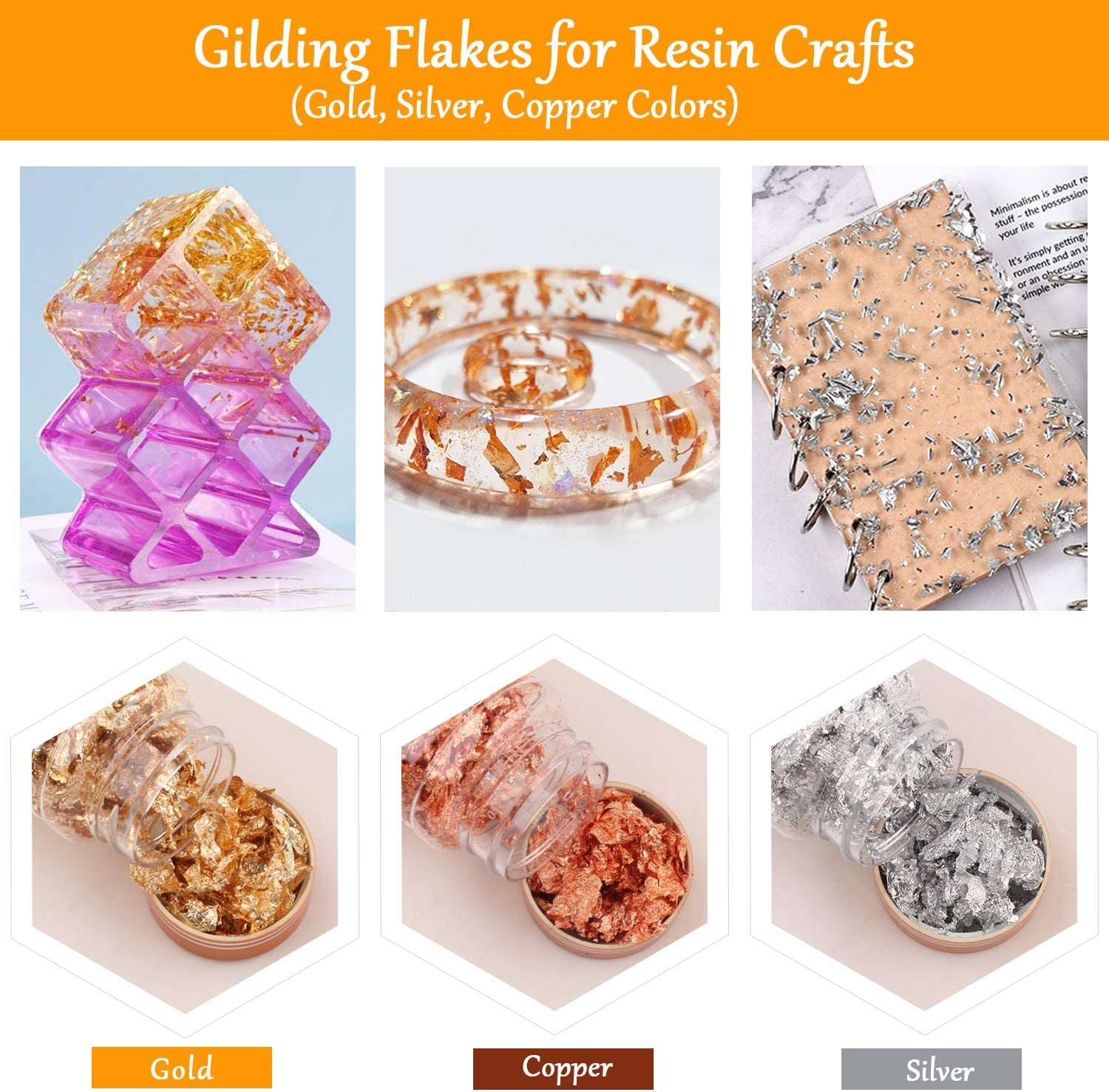 6 Boxes Gilding Flakes, Gold Foil Flakes for Resin, Gold Leaf Gilding Flakes Metallic Foil Flakes with Tweezers for Painting Arts and Resin Crafts, Nail Art (Gold, Silver, Copper, Red, Blue, Purple)