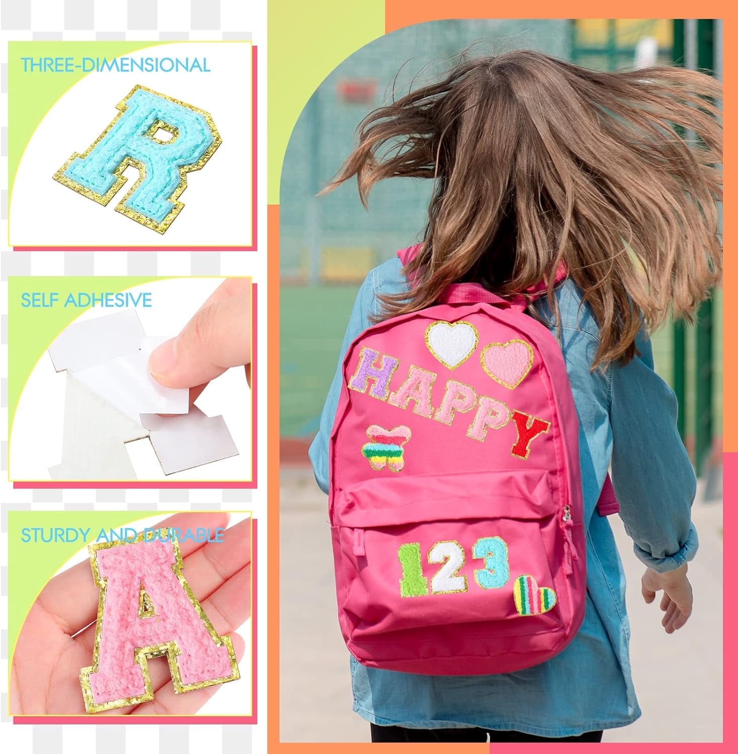 76 Piece Self Adhesive Chenille Letters Patches Cute Chenille Embroidered Patches Letter Patches Number Patches Sticker for DIY Jackets Clothing Patches Mobile Phone Backpacks Hat (Colorful, Classic)