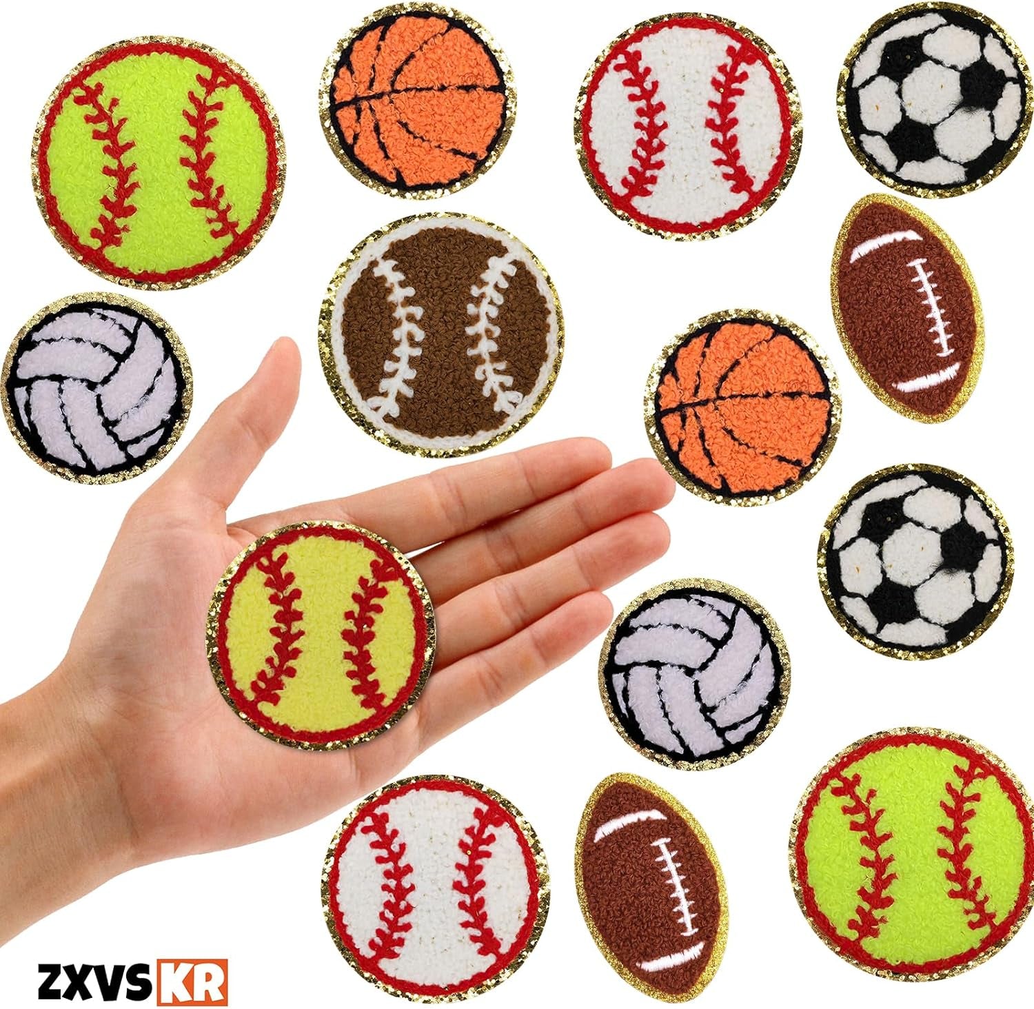 16Pcs Sports Themed Patch, Chenille Patches Gold Edges Basketball Soccer Baseball Football Volleyball Iron on Patch for Bags Hat DIY Clothing Repair