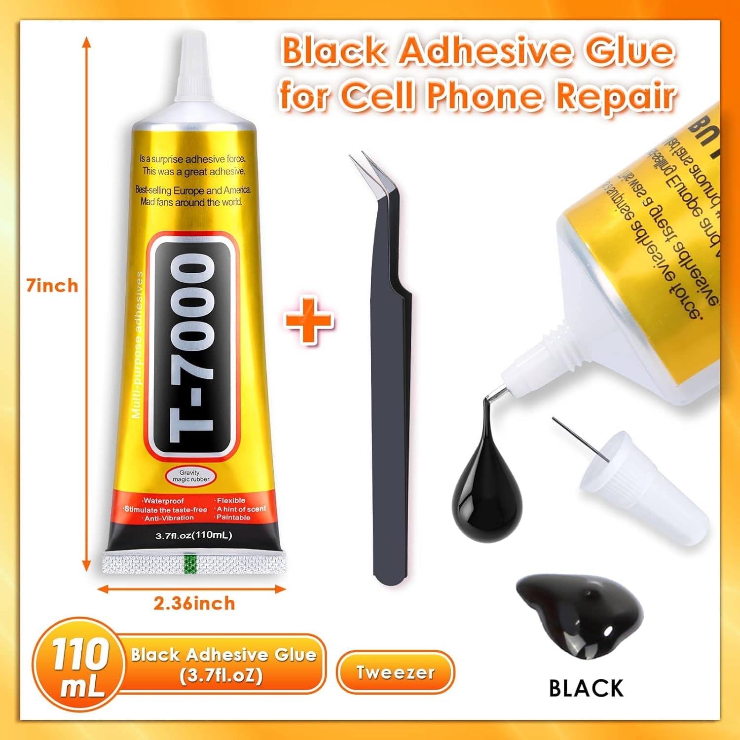 Upgrade T-7000 Black Adhesive Glue for Phone,  110Ml Waterproof Jewelry Glue Precision Craft Adhesive for Cell Phone Screen Repair Glass Wood Crafts Metal and Stones