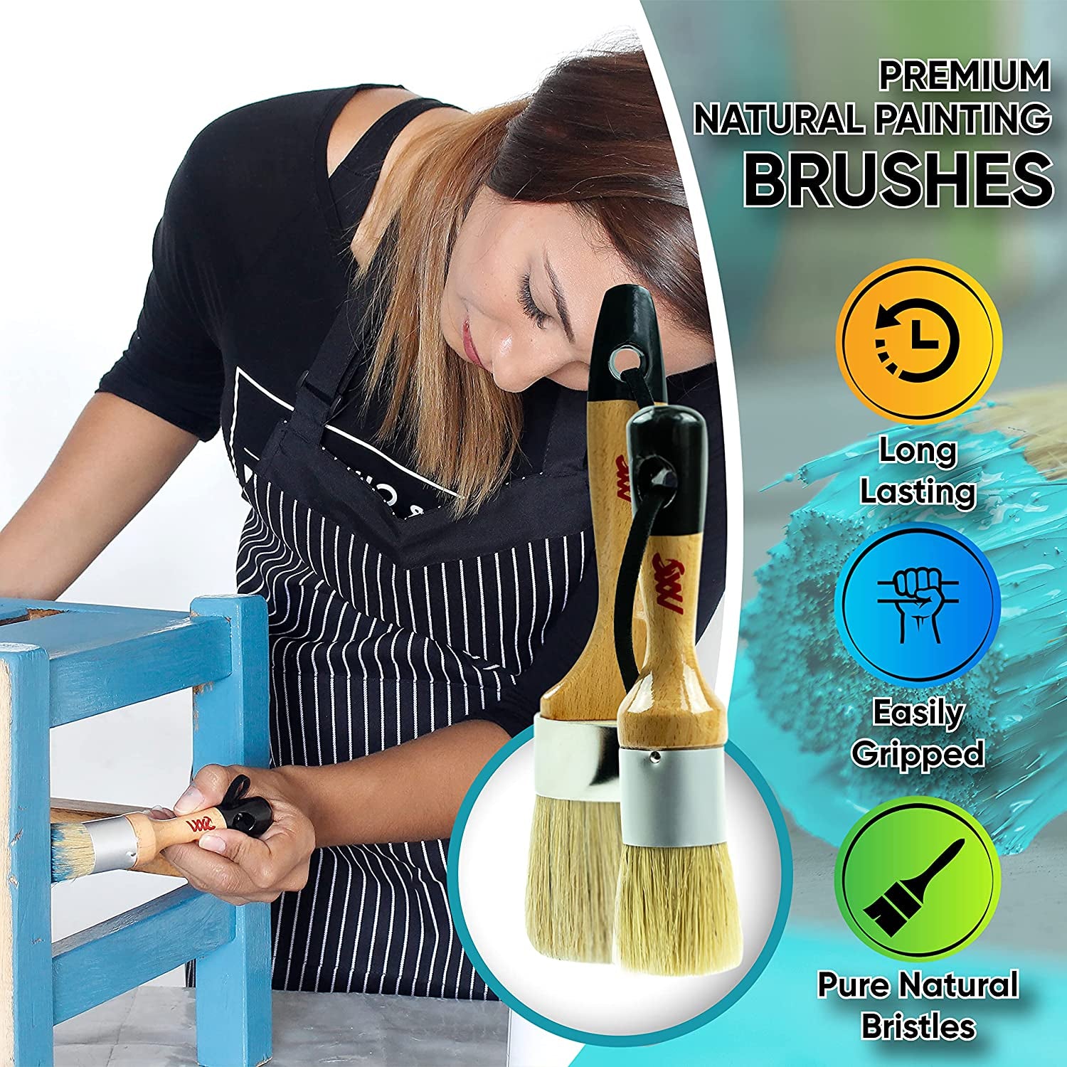 Chalked Paint and Wax Brush for Furniture - Premium Pack of 2, Natural Bristles, Compatible with All Types of Chalk Paints, Stencils &amp; Furniture Wax - Superior Paint Pick-Up &amp; Release, No Shedding