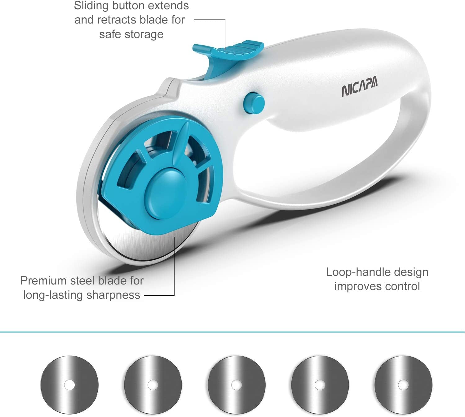 45Mm Rotary Cutter for Fabric with Safety Lock Ergonomic Classic Comfort Loop Rotary Cutter for Crafting Sewing Quilting (Extra 5Pcs 45Mm Replacement Blades Included)