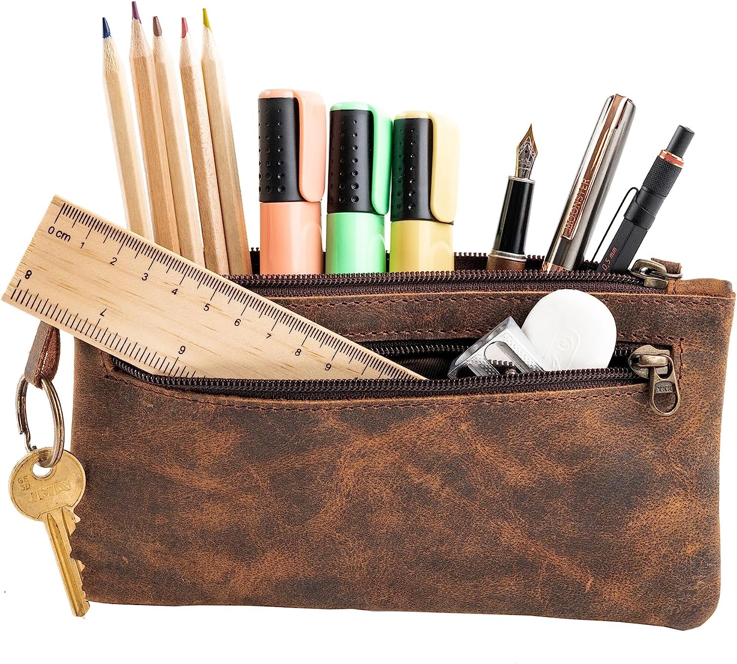Leather Pencil Case Pouch 8&quot; X 4&quot; Handcrafted Leather Pen Case with Zipper - Elegant &amp; Practical Brown Leather Pencil Pouch with Side Pouches - Pencil Pouch Leather